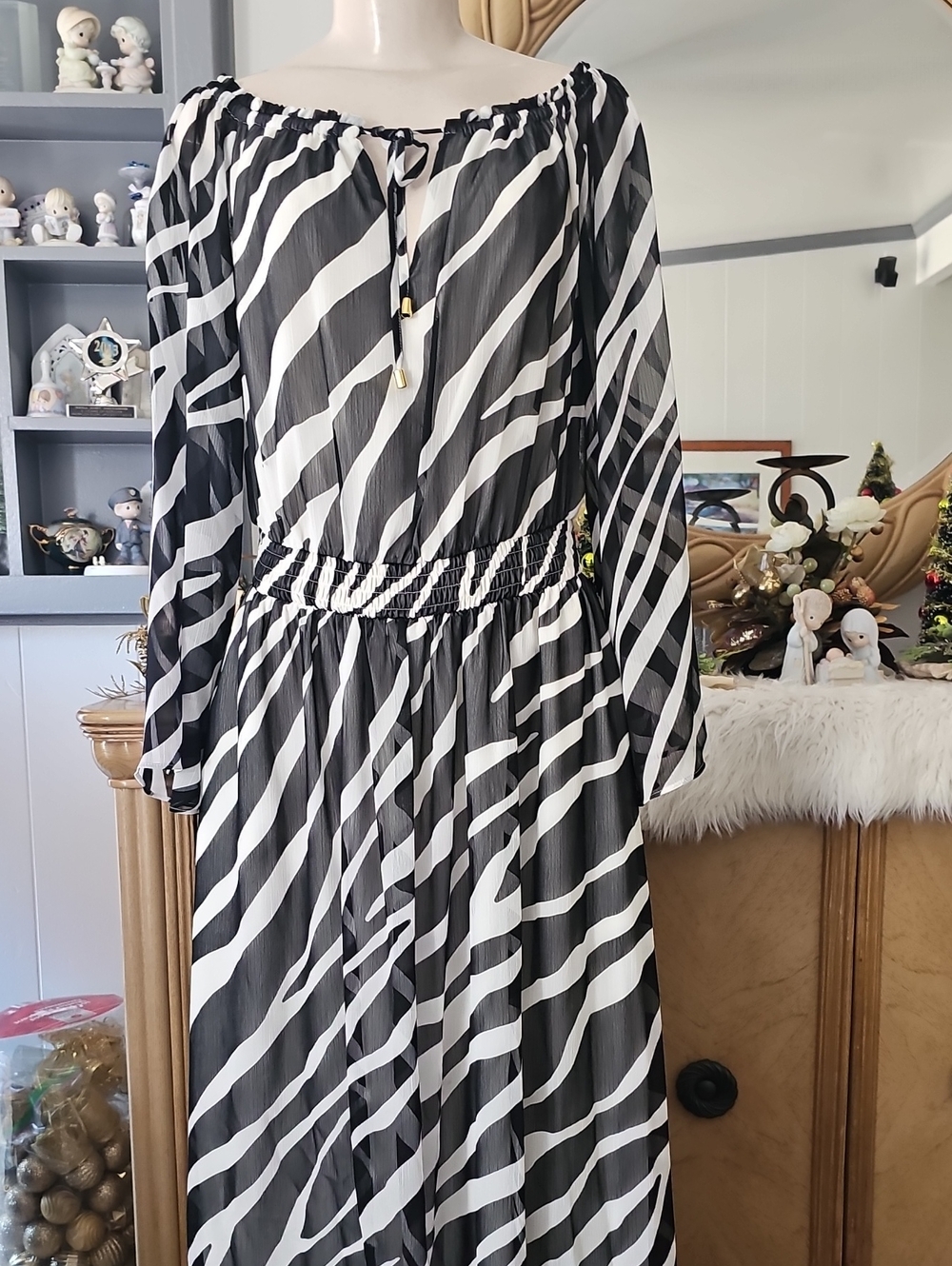 Inc International Concepts Black & White Zebra-Print Long Sleeve Dress Medium